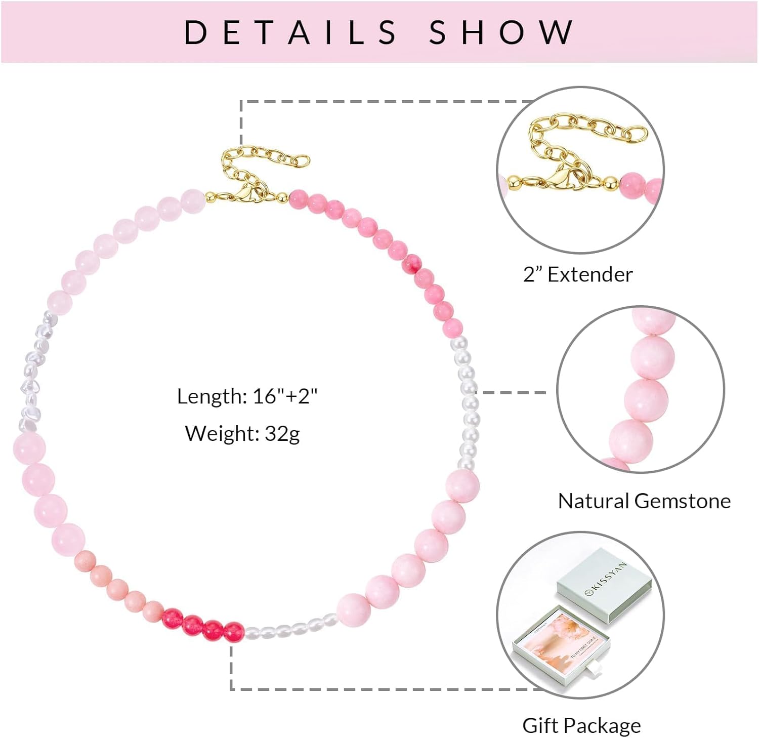 KissYan Beaded Necklaces for Women, 14K Gold Plated Natural Gemstones Beach Choker, Boho Handmade Crystal Ball Chain Pink Blue Stone Summer Jewelry Gifts - Image 6