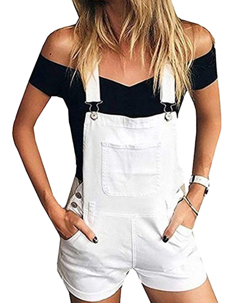 AnyuA Ladies Denim, Pinafore Dungaree, Shorts Jumpsuit, with Pocket White S