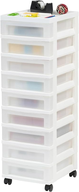 9-Drawer Narrow Plastic Storage Cart with Organizer Top, White, Rolling Casters, for Office, Bedroom, Craft Room, 14.25"L x 12.05"W x 36.19"H