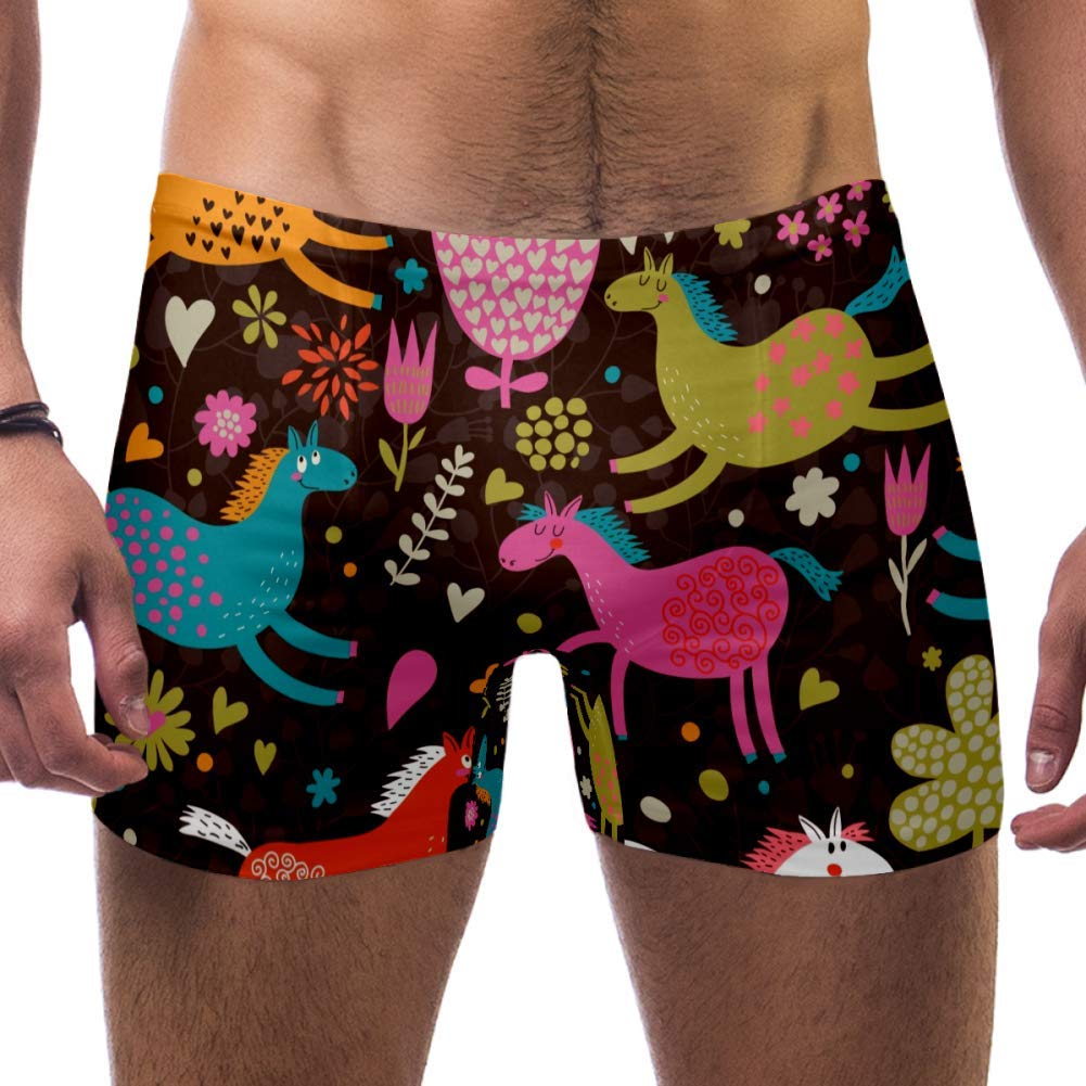 Arabian Horse Floral Cute Pattern Men Swim Boxer Briefs Short Square Leg Swimsuit Quick Dry Swimwear,S