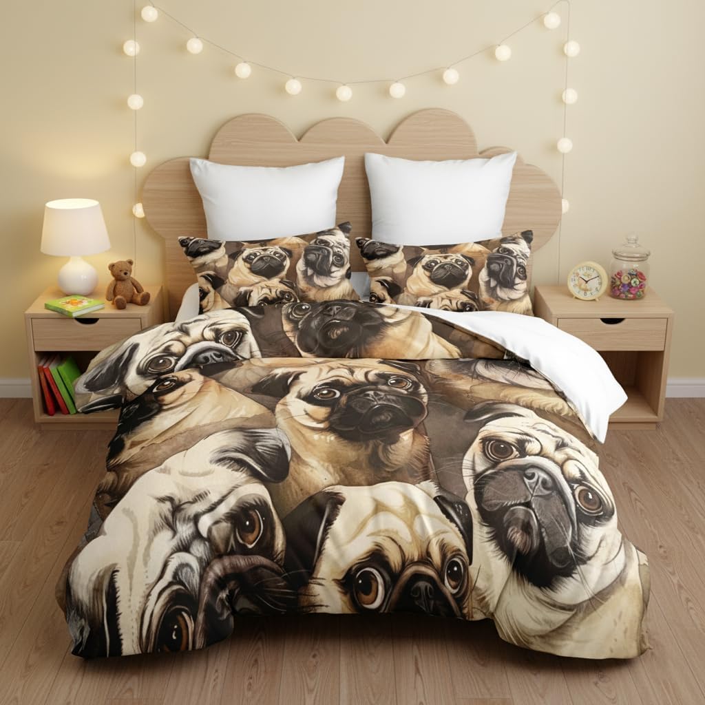 CCoutueChen Kids Twin Size Duvet Cover Boys Girls Funny Cute Dog Pug Soft Bedding, 2 Pcs Warm Microfiber Bed Set with 1 Pillowcase/68 x86