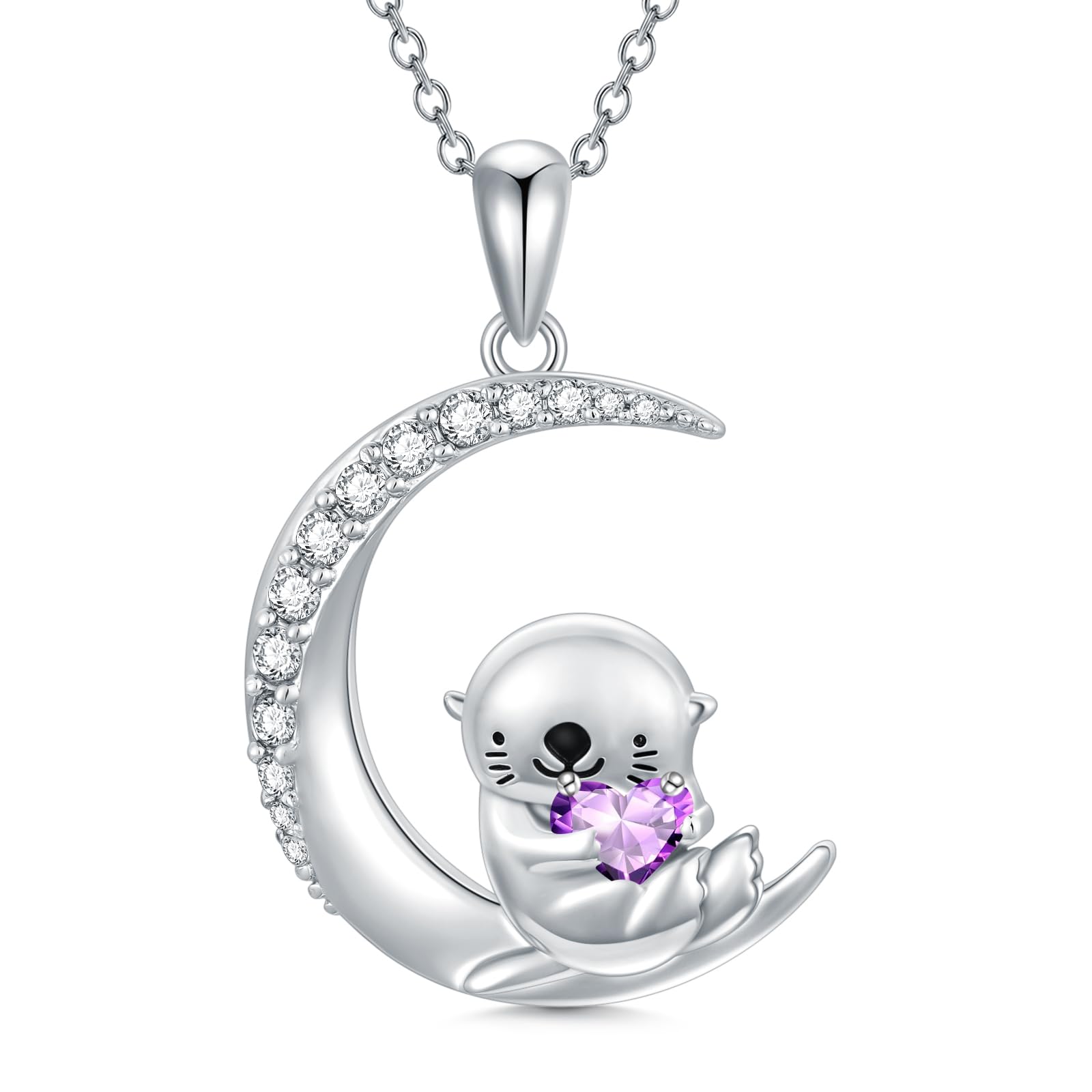 PROESS Animal Birthstone Necklace 925 Sterling Silver Otter/Axolotl/Hippo/Elephant/Dachshund Pendant Necklace Animal Birthstone Jewelry Gifts for