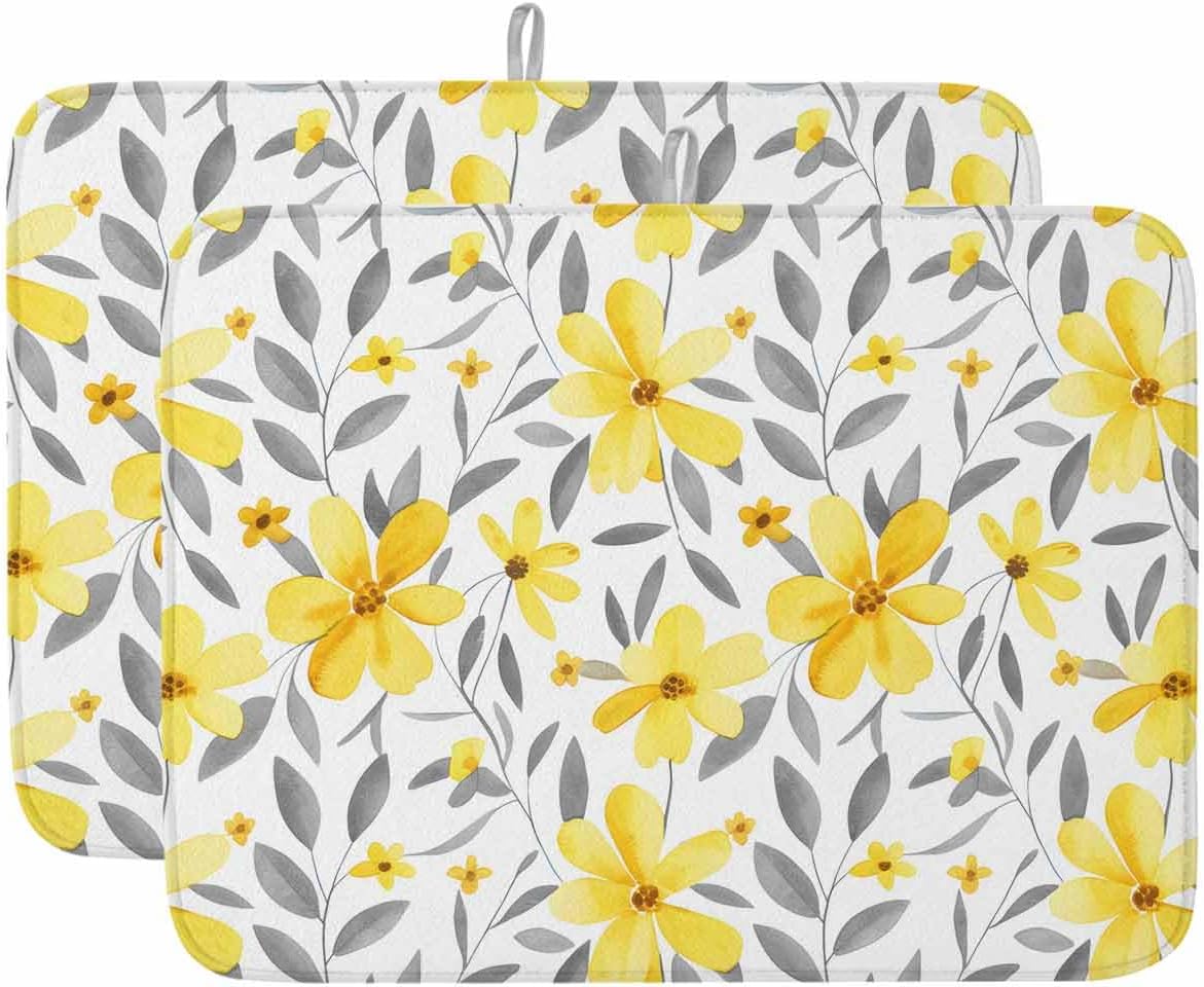 Country Yellow Flowers Dish Drying Mat for Kitchen Counter Rustic Grey Plant Leaves Dasiy Floral Super Absorbent Microfiber Coffee Bar Mat Washable Dish Drainer Rack Mat, 2 Pack, 18" x 24"