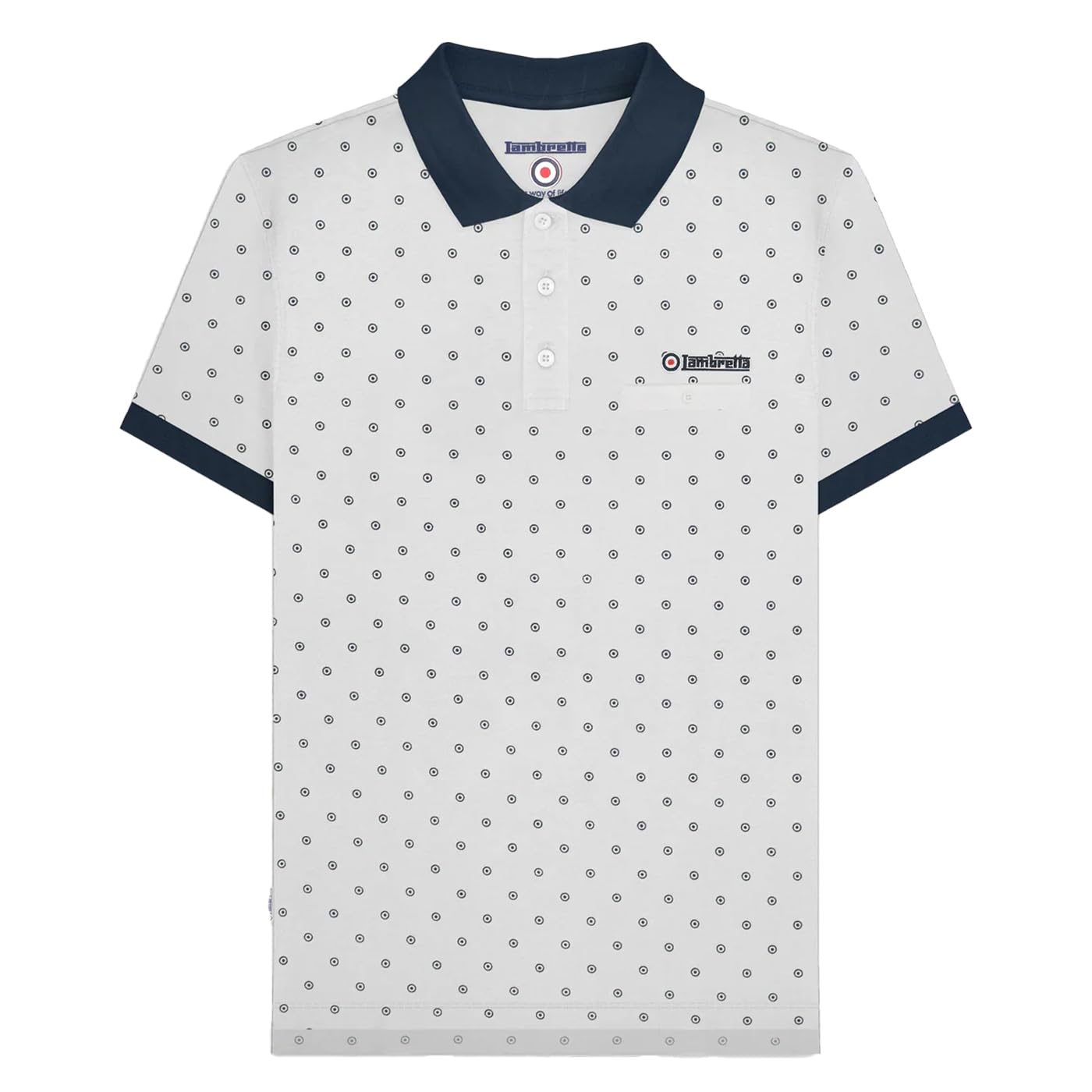 Lambretta Mens Target AOP Premium Polo Shirt - White/Navy (XXXX Large)