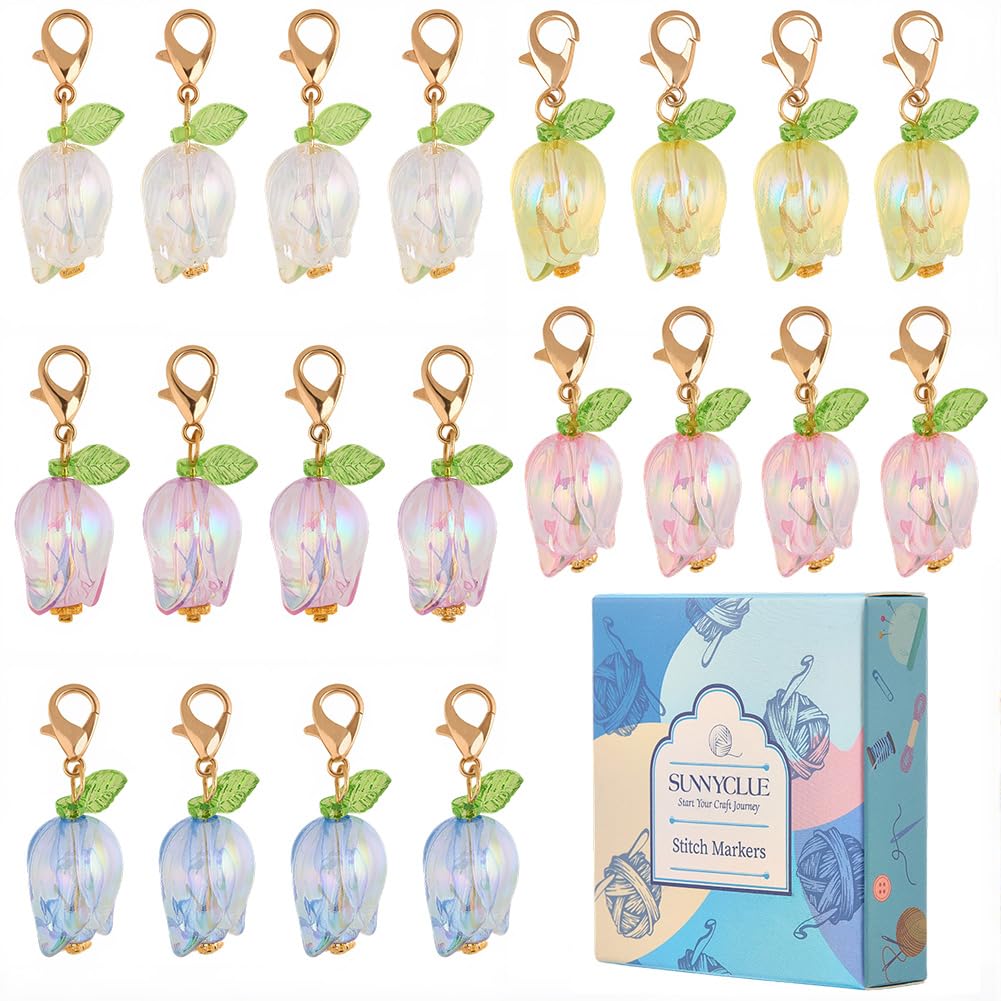 SUNNYCLUE 1 Box 30Pcs Flower Stitch Markers Crochet Marker Charms Bulk Acrylic Transparent Gold Tulip Spring Locking Lobster Clasp Knitting Charms for Jewellery Making Crafts Sewing Weave Supplies