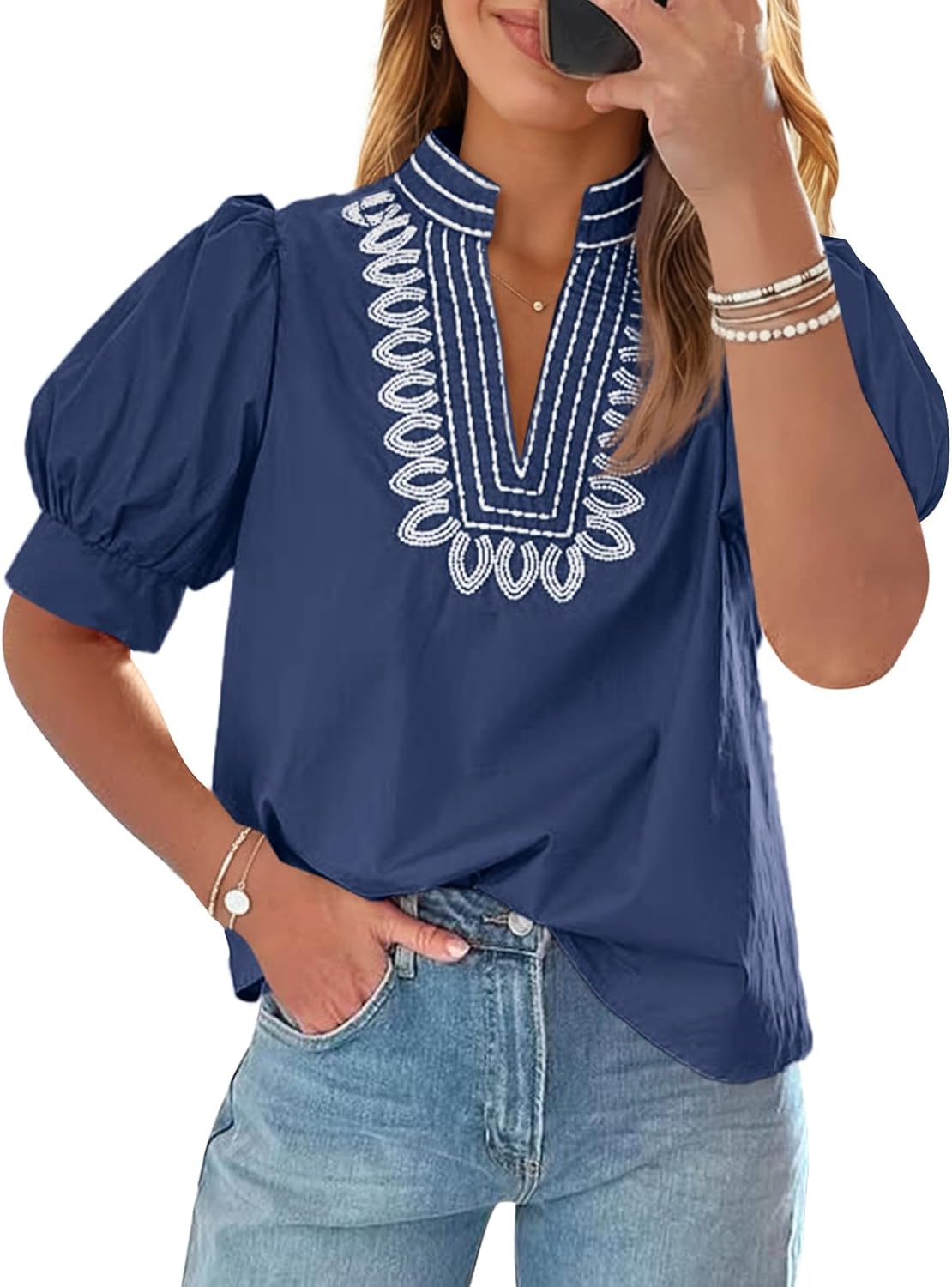 CicyBell Women's Puff Short Sleeve Embroidered V-Neck Blouse - Summer Casual Loose Fit Tops