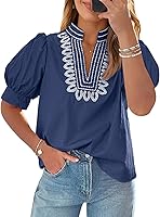 CicyBell Women's Puff Short Sleeve Embroidered V-Neck Blouse - Summer Casual Loose Fit Tops