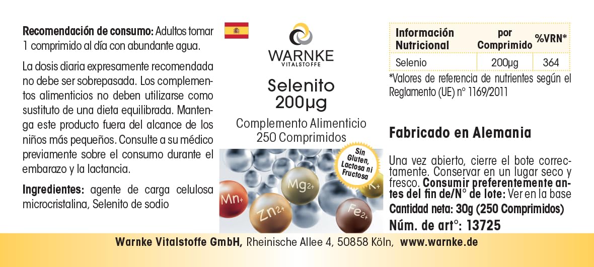 Selenite 200μg - 250 compresse - 200μg di selenio per compressa - Selenito di sodio - ALTO DOSAGGIO - Qualità farmaceutica tedesca - Vegano | Warnke Vitalstoffe