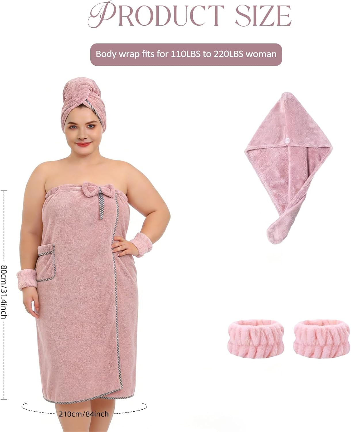 plus size women's towel wrap (xxl-xxxxl) with hair towel wristbands lightweight shower wrap spa bathrobe body wrap adjustable quick-dry comfortable bath towel set machine washable blush pink