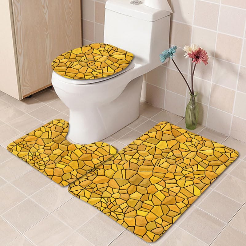 Bad Teppiche Set Gelbe Steingeometrie Badezimmerteppich Waschbar WC Vorleger mit Ausschnitt und WC Deckelbezug 3 Teilig Badematte rutschfest Toilettensitzbezug Badgarnitur 50x80 cm