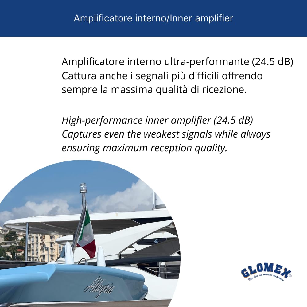 Glomex – Antenne TV terrestre omnidirectionnelle Avior 10 x 21 cm (blanc), modèle VT300 – Amplificateur intérieur, reçoit TV/FM, Kit complet, pour voiliers, moteur, bateaux pneumatiques, yachts