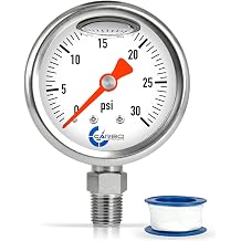 1-1/2" Fuel Pressure Gauge, Stainless Steel Case 304, Chrome Plated Brass Connection, Glycerin Filled, 0-30 Psi, Accuracy 3-2-3%, Lower Mount 1/8" NPT