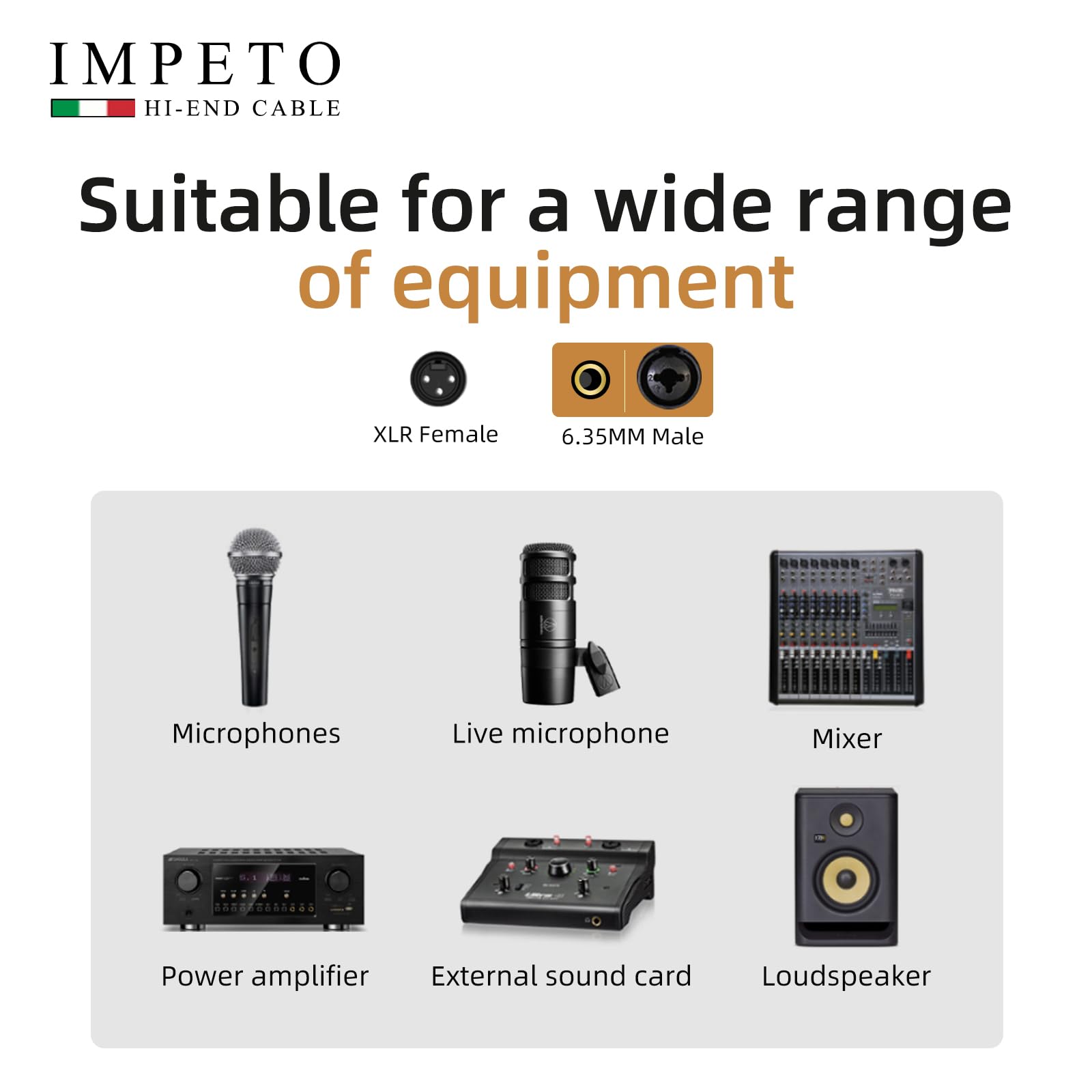 Impeto Cable XLR Hembra a Jack TS de 6,35 mm, XLR Cable Microfono 6,35 mm TRS Estéreo Balanceado Para Mixer, Micrófono, Altavoz, Amplificador, Equipo de Sonido- 5M