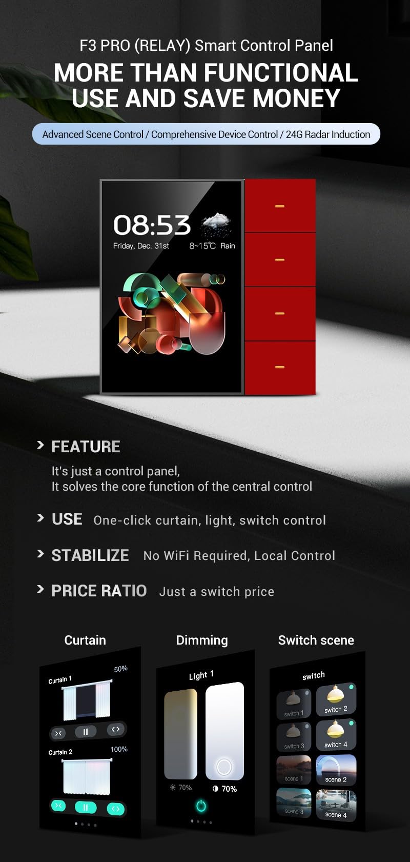 per Tuya per Zigbee Interruttore da parete da 3,5 pollici, 4 gruppi 8 scene Touch Panel Controllo della cortina luminosa, Display 320x480 Nero