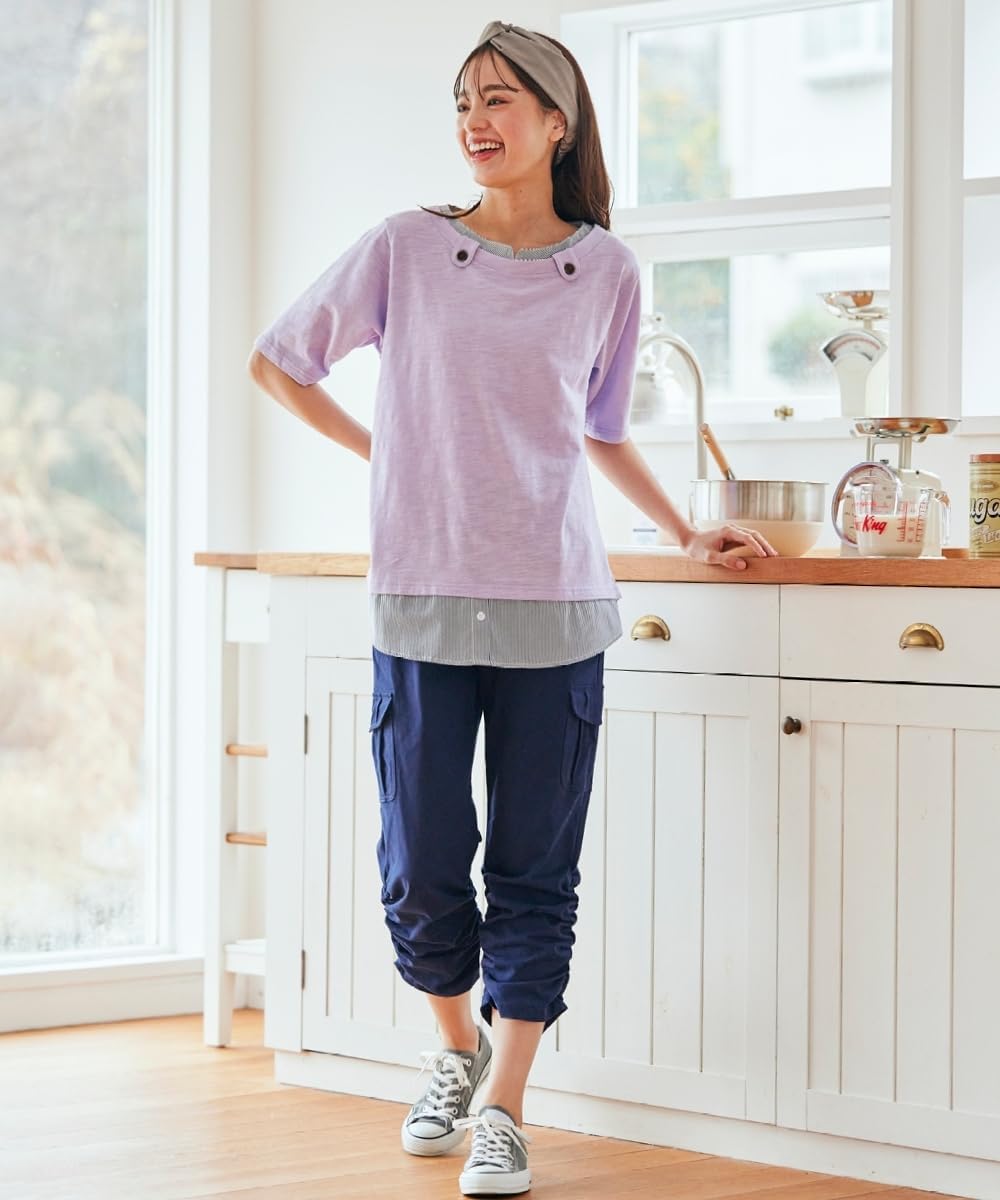 [ニッセン] 大きいサイズ ストレッチ裾シャーリングカーゴクロップドパンツ（ゆったりヒップ）