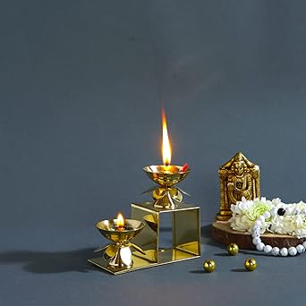 CraftVatika Brass Lotus Diya Oil Puja Lamp Piller Stand 2 Step Diya for Home Temple Pooja Articles Decor Gift (Quantity 1)