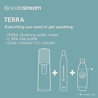 sodastream Terra Sparkling Water Maker Machine, with 1 Litre Reusable BPA Free Water Bottle for Carbonating & 60 Litre Quick Connect CO2 Gas Cylinder White, 1012811440
