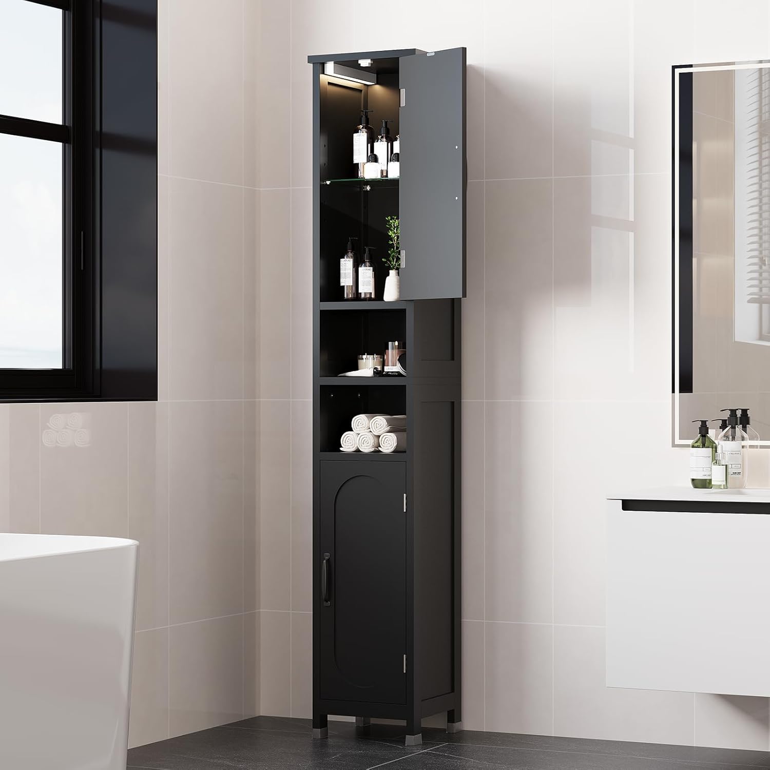 Hawkrown 67" Tall Bathroom Storage Cabinet with Lights, Slim Narrow Bathroom Cabinet Organizer with Doors and Adjustable Shelves, Tall Cabinet for Small Space (66.9" Tall-Black with Light)