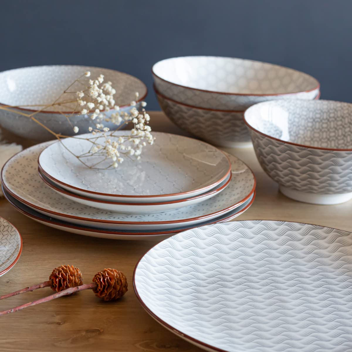 Ard'time - Set mit 6 großen Schalen, Müslischalen, Suppenschalen aus 100 % Porzellan mit Aufdruck, elegantes Geschirr, Fassungsvermögen 950 ml, geeignet für Spülmaschine und Mikrowelle, Kollektion
