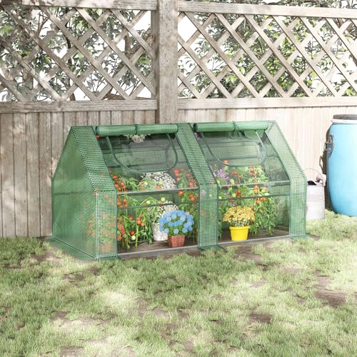 Outsunny 6\' x 3\' x 3\' Portable Greenhouse, Garden Green House with 2 PE/Plastic Covers, Steel Frame and 2 Roll Up Windows, Green