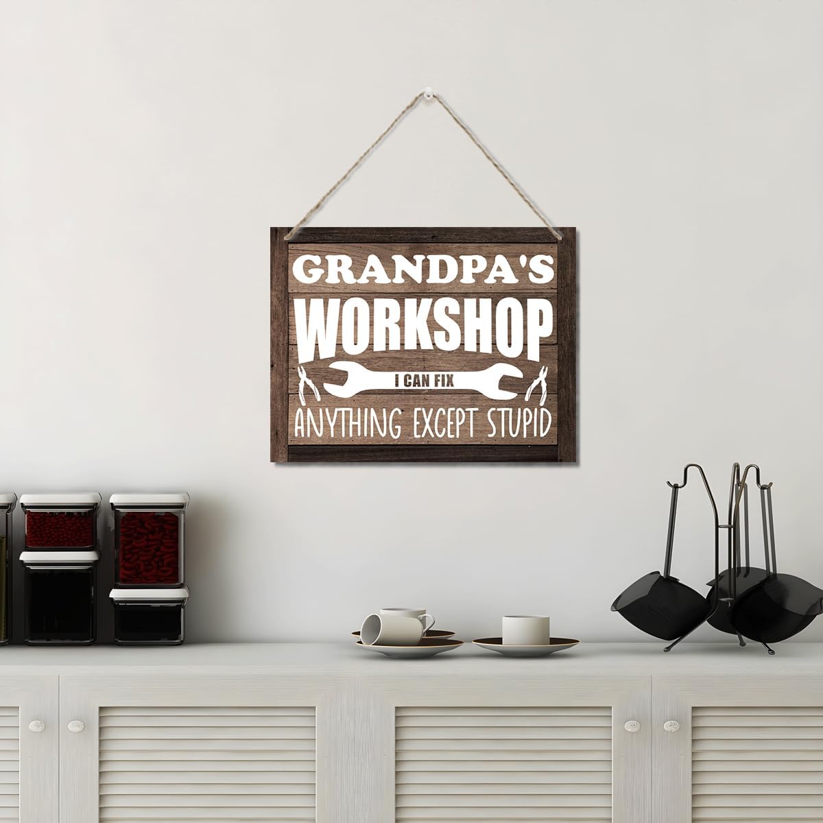 Grandpa's Workshop Sign - 'I Can Fix Anything Except Stupid', Decorative Hanging Wood Plaque for Wall, Farmhouse Workshop Decor, Funny Gift for Grandpa, Father's Day, Birthday, Christmas - Image 5