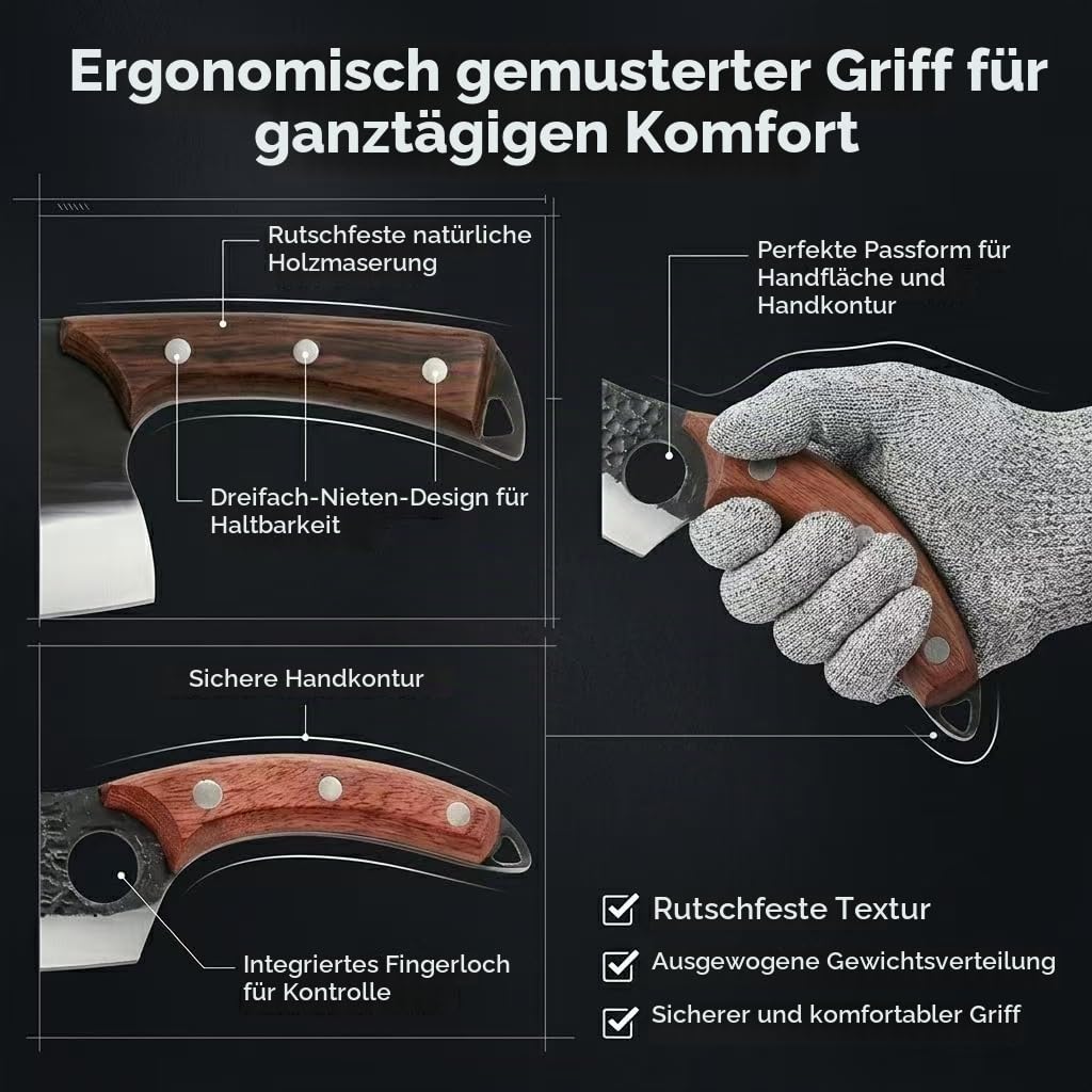 KLYTE 8-teiliges Messerset: Hackmesser & Kochmesser für BBQ | Perfektes Koch set für Männer & Grillset. Inkl. Metzgermesser, Tasche & Handschuh. Ideal als Camping Messer mit Holzgriff.