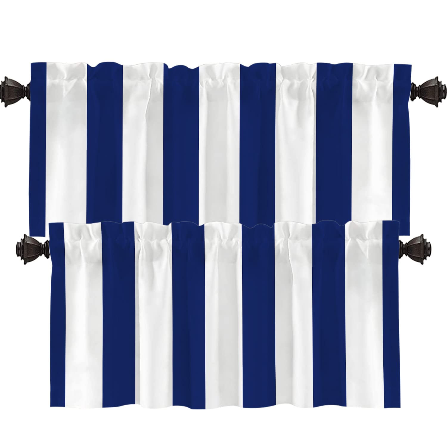 Shrahala Navy Blue Striped Kitchen Valances Half Window Curtain, Classic Navy Blue and White Stripe Pattern Kitchen Valance for Window Ink Printing Kitchen Valances for Kitchen Decor 52x18 inch — image 1