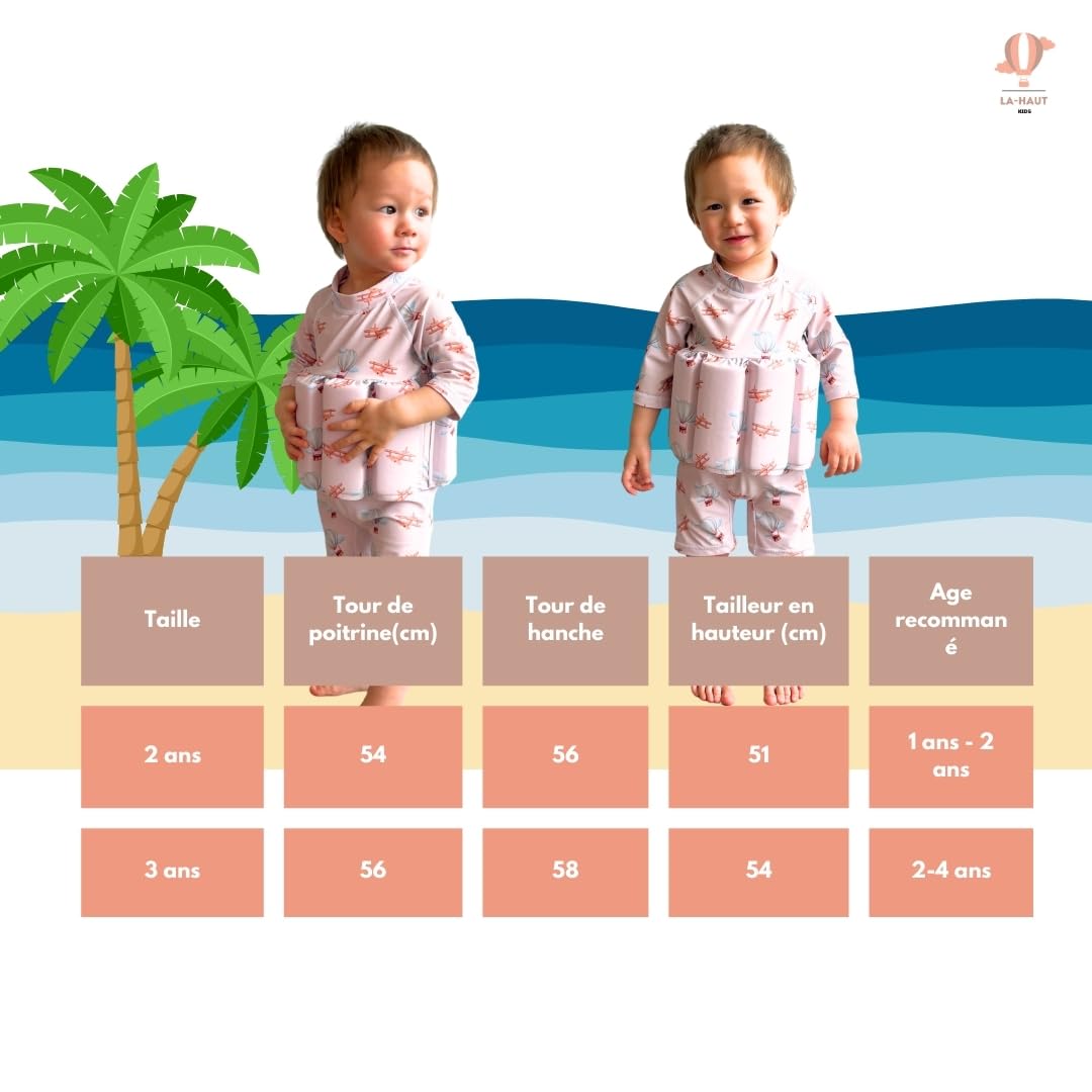 Maillot de Bain Enfant garçon Une pièce Aide à la flottabilité, Flotteurs retirables pour sécurité Confiance, Protection Anti-UV+, Motif Montgolfières Avions, Combinaison Manches Longues, Vintage
