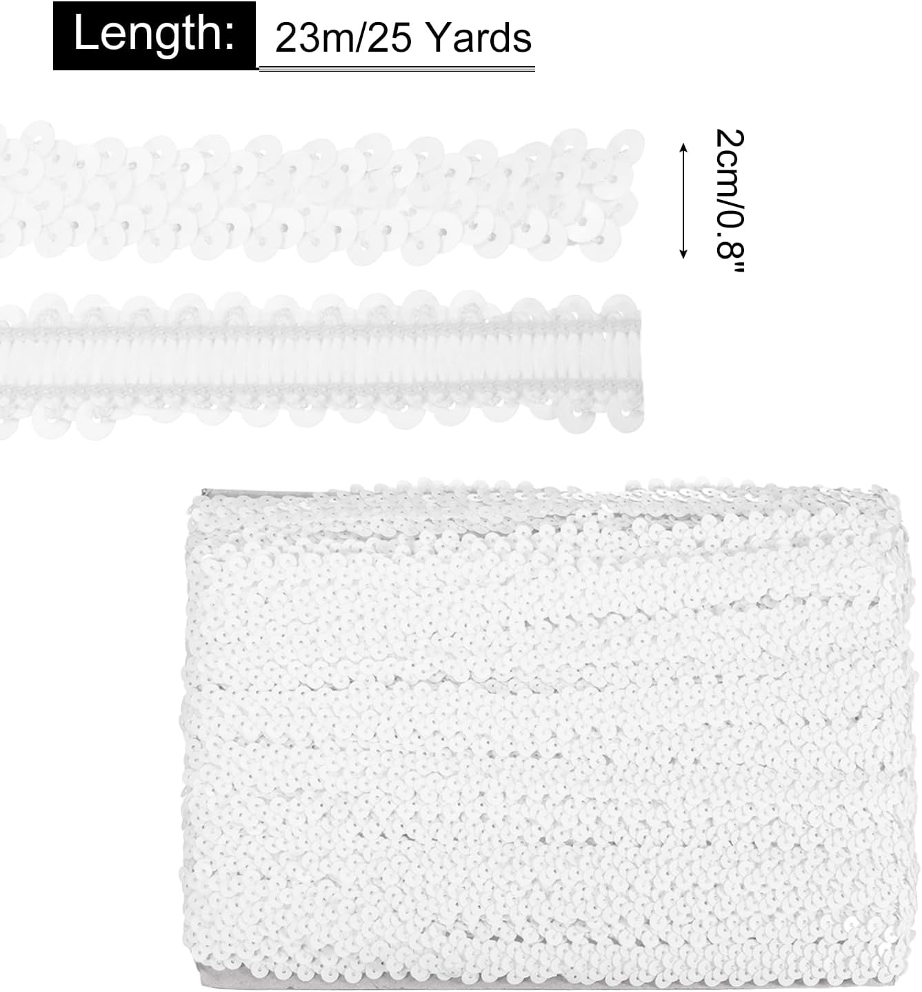 MECCANIXITY 25 Yards 0.8 Inch Elastic Sequins Trim Flat Sequin Strip Paillette Fabric Ribbon for Crafts DIY Fringe Sewing White