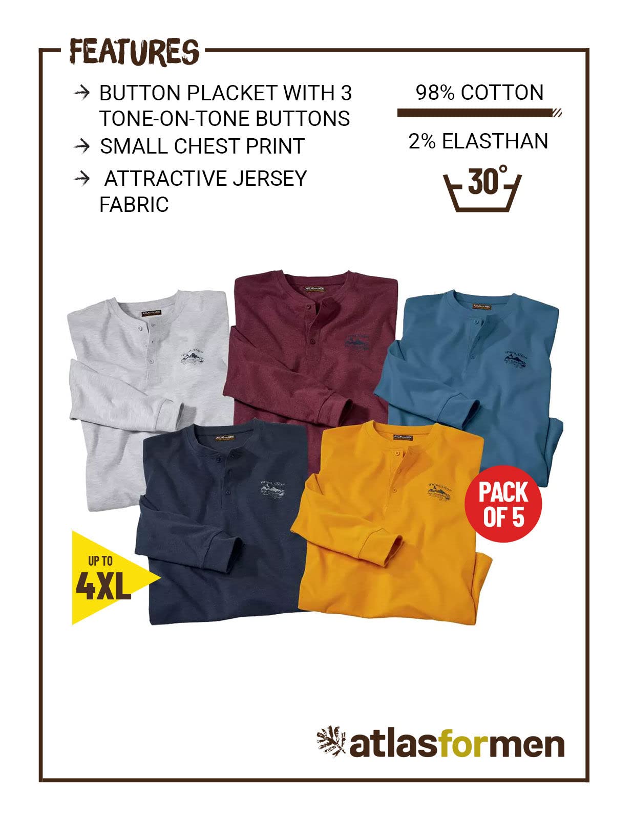 ATLAS FOR MEN - Set di 5 Magliette da Uomo - Maniche Lunghe - Disponibile nelle Taglie Grandi