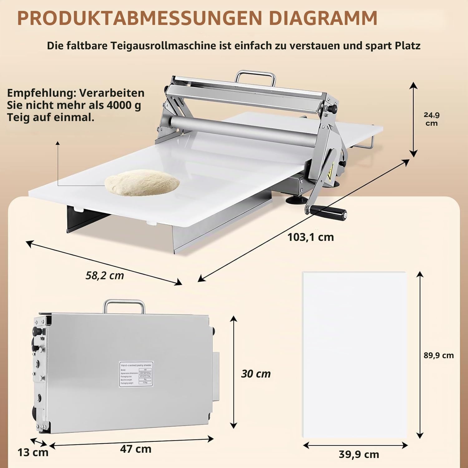 Teigausroll Blätterteig Maschine, Teigausrollmaschine, Mit Großem Ausrollbrett Und 360°-Rollengriff, Einstellbare Pressstärke Von 0-25,0 Mm, Edelstahl 400