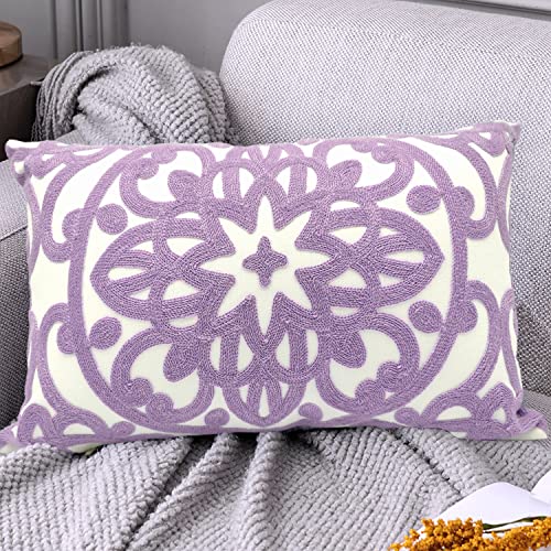 Alysheer Embroidered Lumbar Decorative Throw Pillow Cover 12"X 20", Classic Boho Mandala Embroidery Pattern Cotton Rectangular Cushion Case For Sofa Couch Living Room Bedroom(Lavender) #TOP4