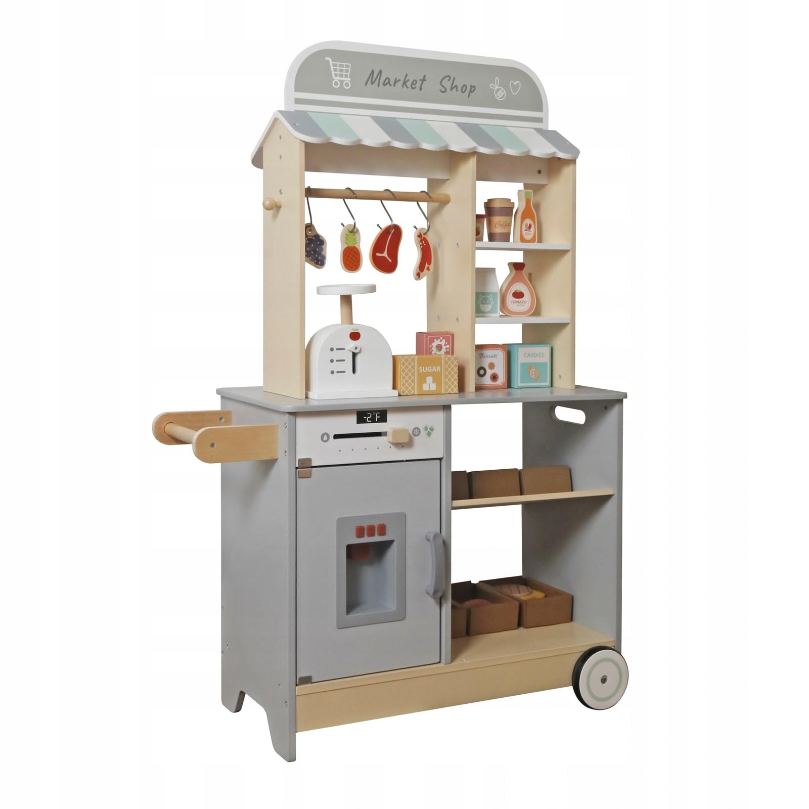 Mibbi Holzladen für Kinder zum Spielen, Supermarkt, Gemüsehäuser, Verkaufsstand, 3 Jahre +, Holz und MDF, 59 Elemente, Zubehör, Gewicht, Kasse, 60/73x29.5x105cm, 14.5kg