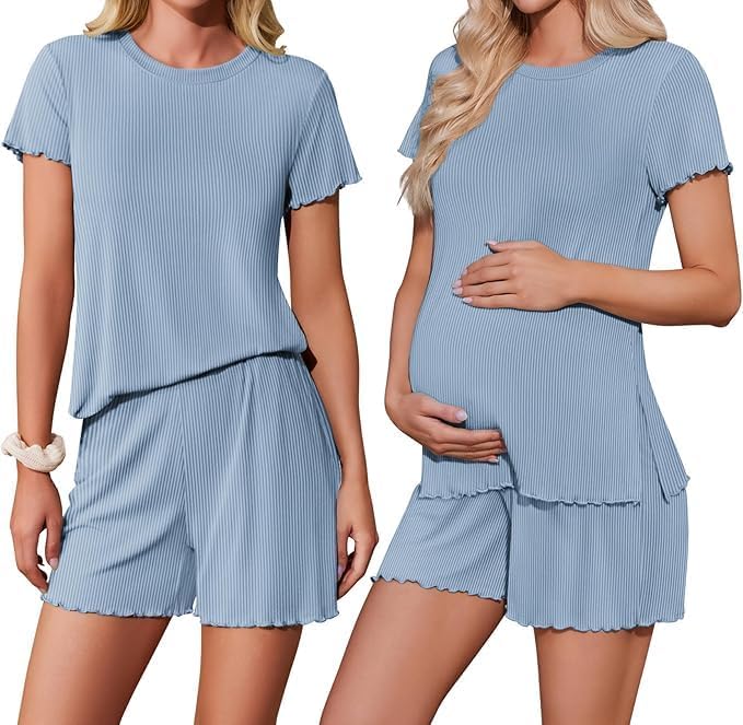 ELESOL Women 2 Piece Maternity Pajamas Set Lightweight Pregnancy Outfit Ribbed Knit Postpartum Loungewear Set with Pocket