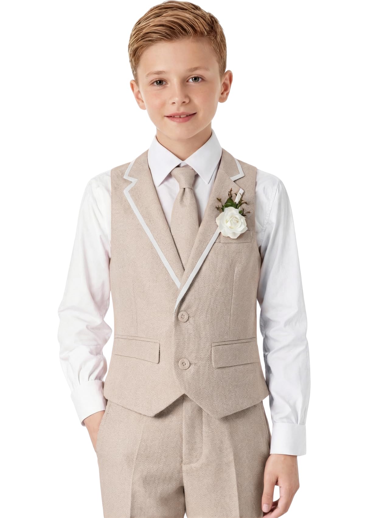 Photo 1 of Boy Suits Kids Tuxedo Beige Suit for Boy Slim Fit Wedding Ring Bearer Outfit Shirt Vest Pants Tie with Bow Tie Size 8