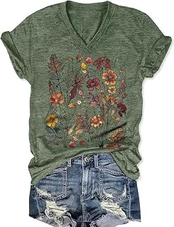 Women's Graphic T-Shirts V Neck Cute Summer Flowers Shirts Casual Short Sleeve Boho Flowers T Shirt Vintage Tee