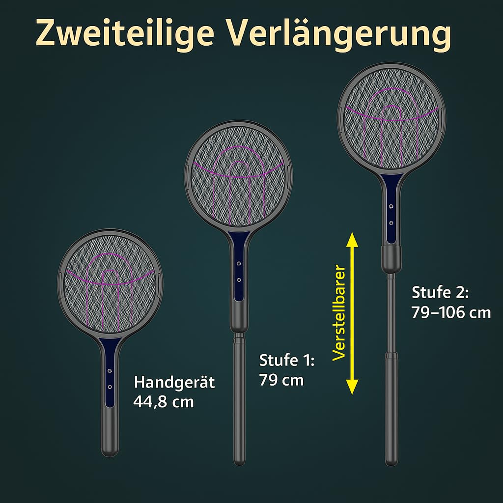 Scacciamosche elettrico 3500V USB-C ricaricabile 1200mAh testa rotante manico telescopico 45-106 cm