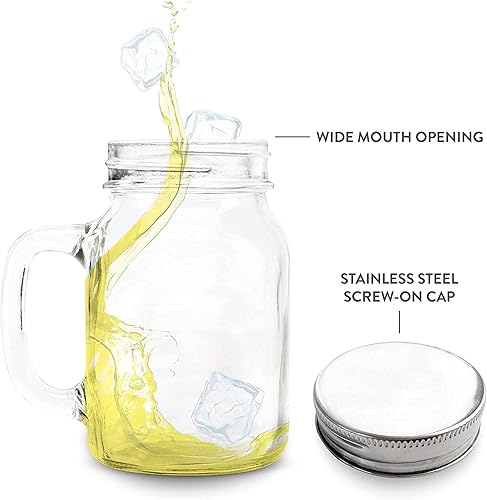 Miniatura 5 de Tazas de vidrio Mason con asa y tapas de lata (juego de 4) Idea de regalo con logotipo de fecha establecida en relieve, para café, jugo, ponche,