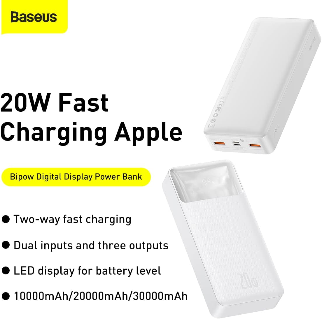 Marketingbillede af Baseus Bipow Digital Display Powerbank med fremhævelse af 20W hurtigopladning og funktioner