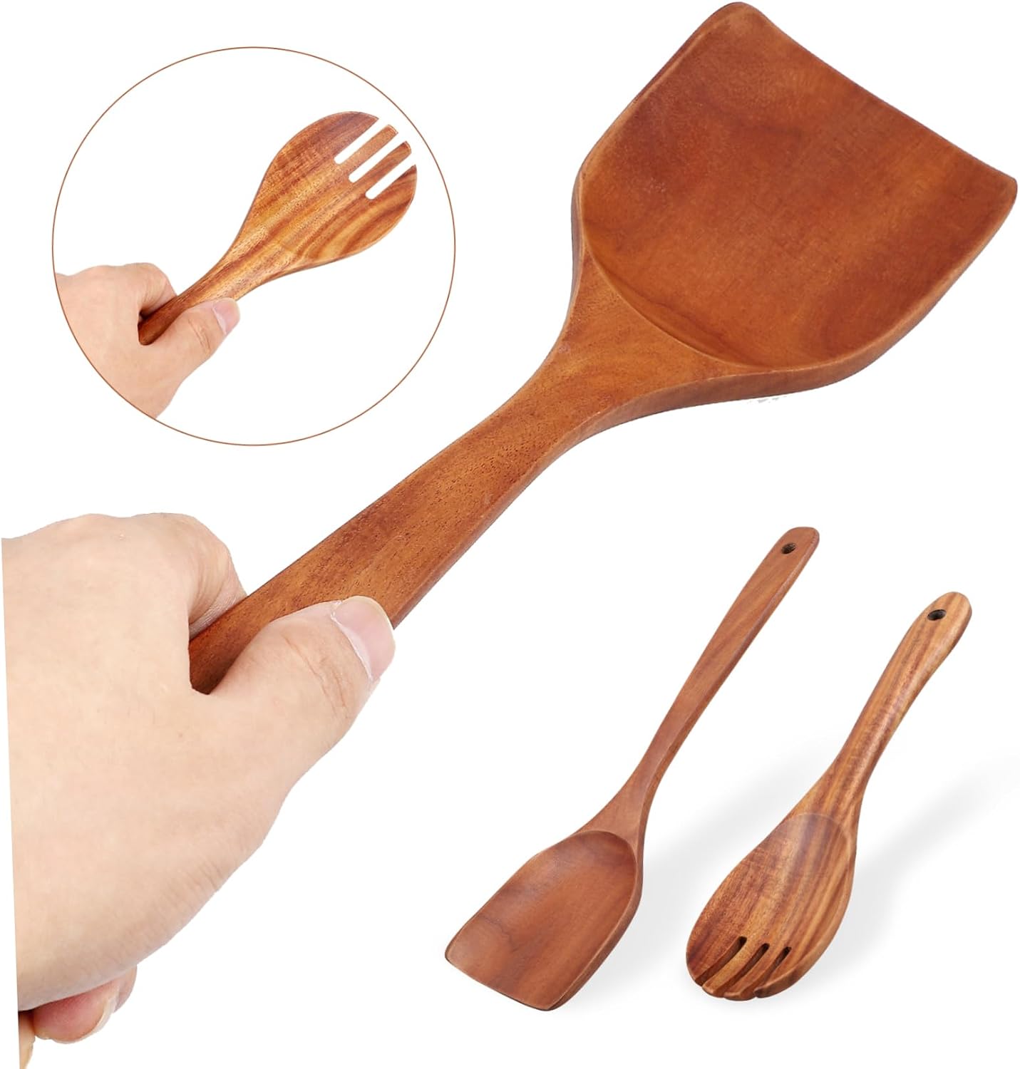 Wooden Salad Servers Set with Extended Handles and Hanging Holes