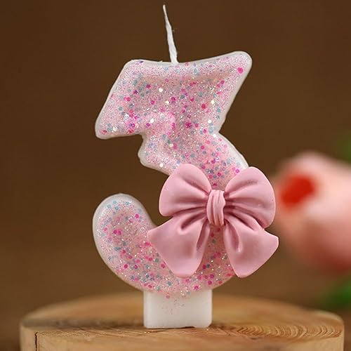 Miniatura 13 de Velas de cumpleaños número 0-9 con purpurina con lazo rosa 3D para decoración de pastel de fiesta de cumpleaños de niña, decoración de baby shower