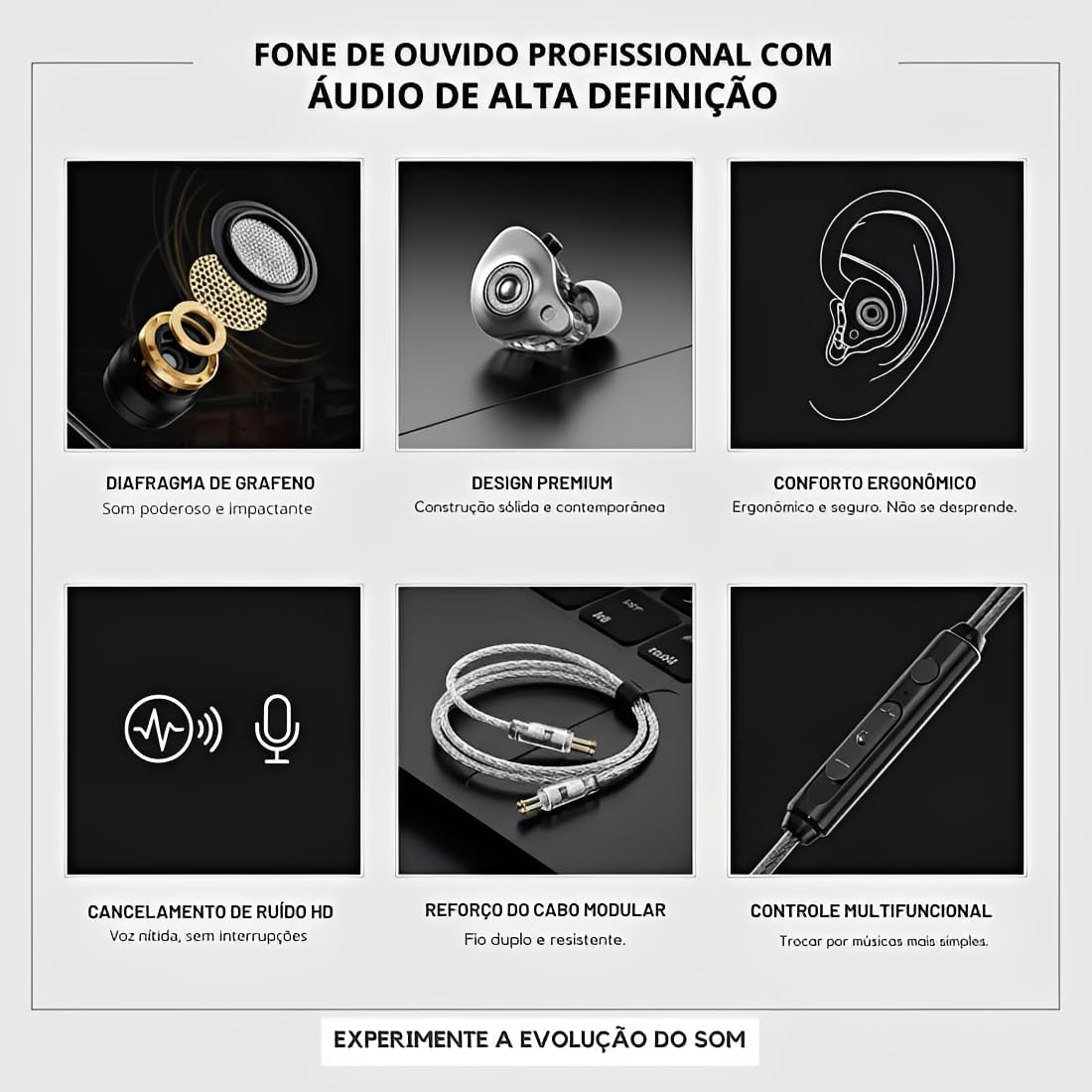 Diagram showing key features of the LE-0273 earphones including graphene diaphragm, premium design, ergonomic comfort, HD noise cancellation, modular cable, and multifunction control.
