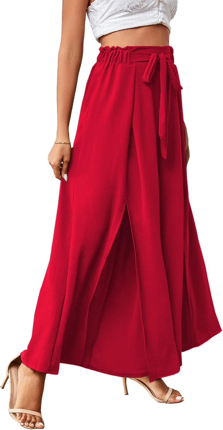 LYANER Women's Tie Front High Waist Side Split Slit Flowy Wide Leg Pleated Pant with Belt