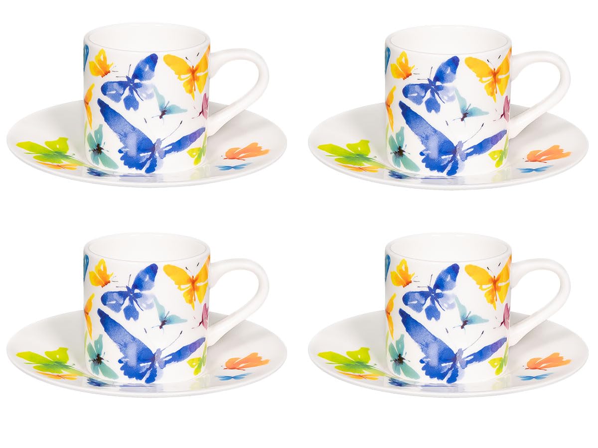 Könitz Espresso Tassen Set Victoria Lowe - Butterfly. 4 Kaffeetassen 65ml aus Fine Bone China Porzellan. Espressotassen modern, bunt