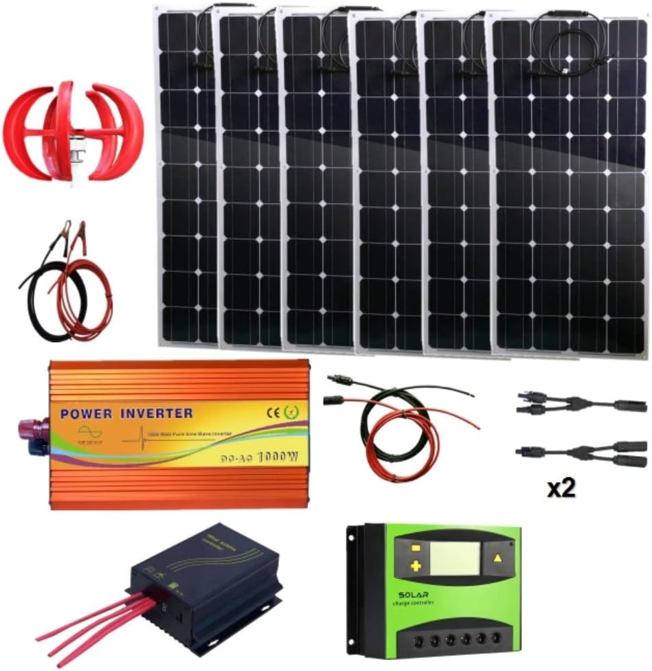 900 Watts Wind Solar Powered System(Hybrid System Kit): 1pc 12V/24V 300W Wind Turbine Generator + 6pcs 100W Solar Panel + 200W Pure Since Wave Inverter(Peak 4000W)+Accessories