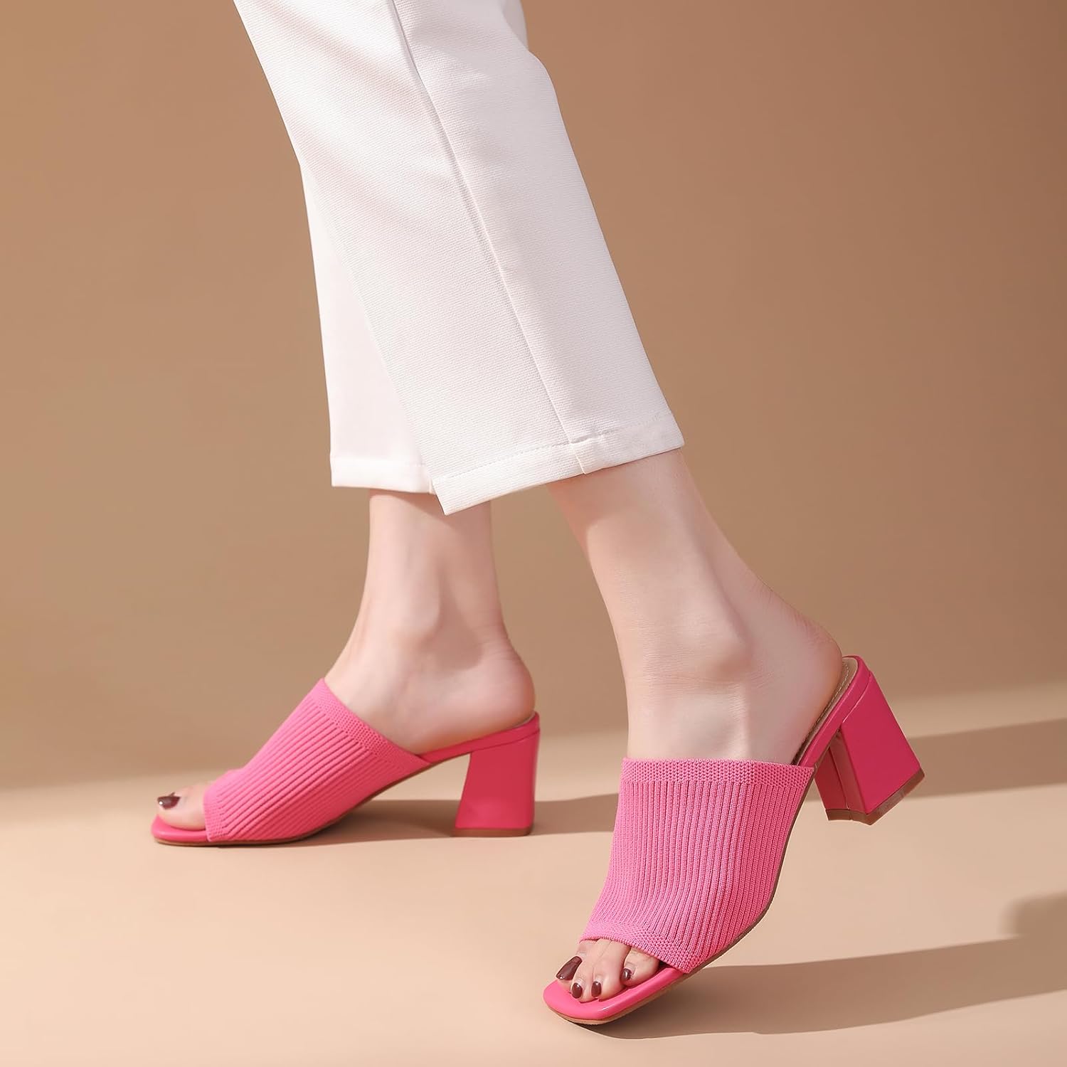 Tilocow Knit Heeled Sandals for Women, Square Open Toe Heels Sandals, Chunky Block Low Heel Slip On Mules - Image 2