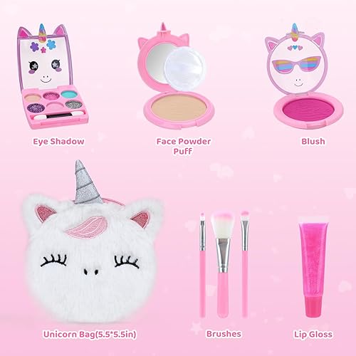 Miniatura 2 de PERRYHOME Lindo juego de maquillaje para niños, kit de maquillaje lavable de unicornio para niñas de 3 a 12 años con mini monedero, kit de