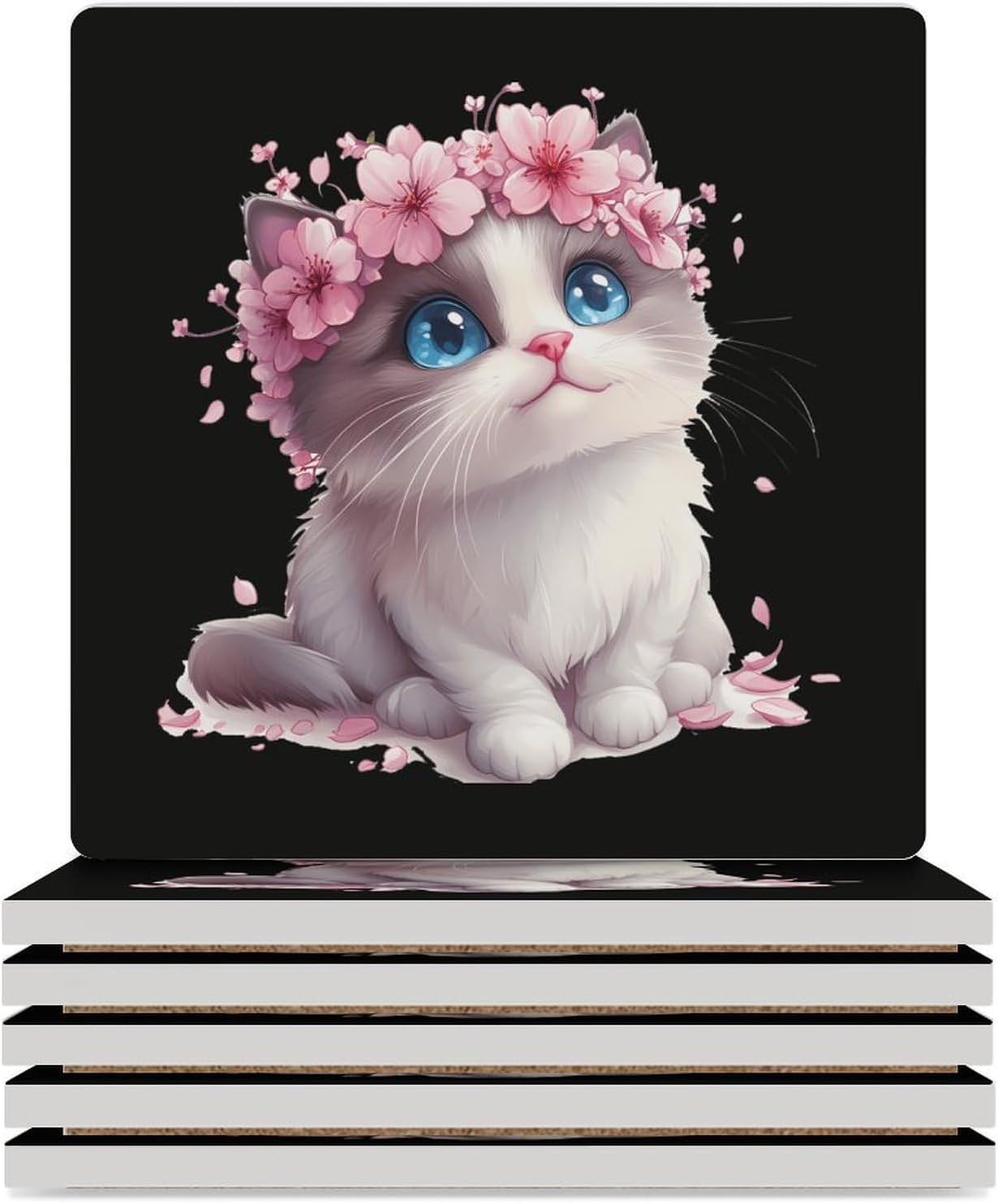 Cute Cat Cherry Flowers Coasters for Drinks Square Table Coasters Set Cup Mats with Cork Base