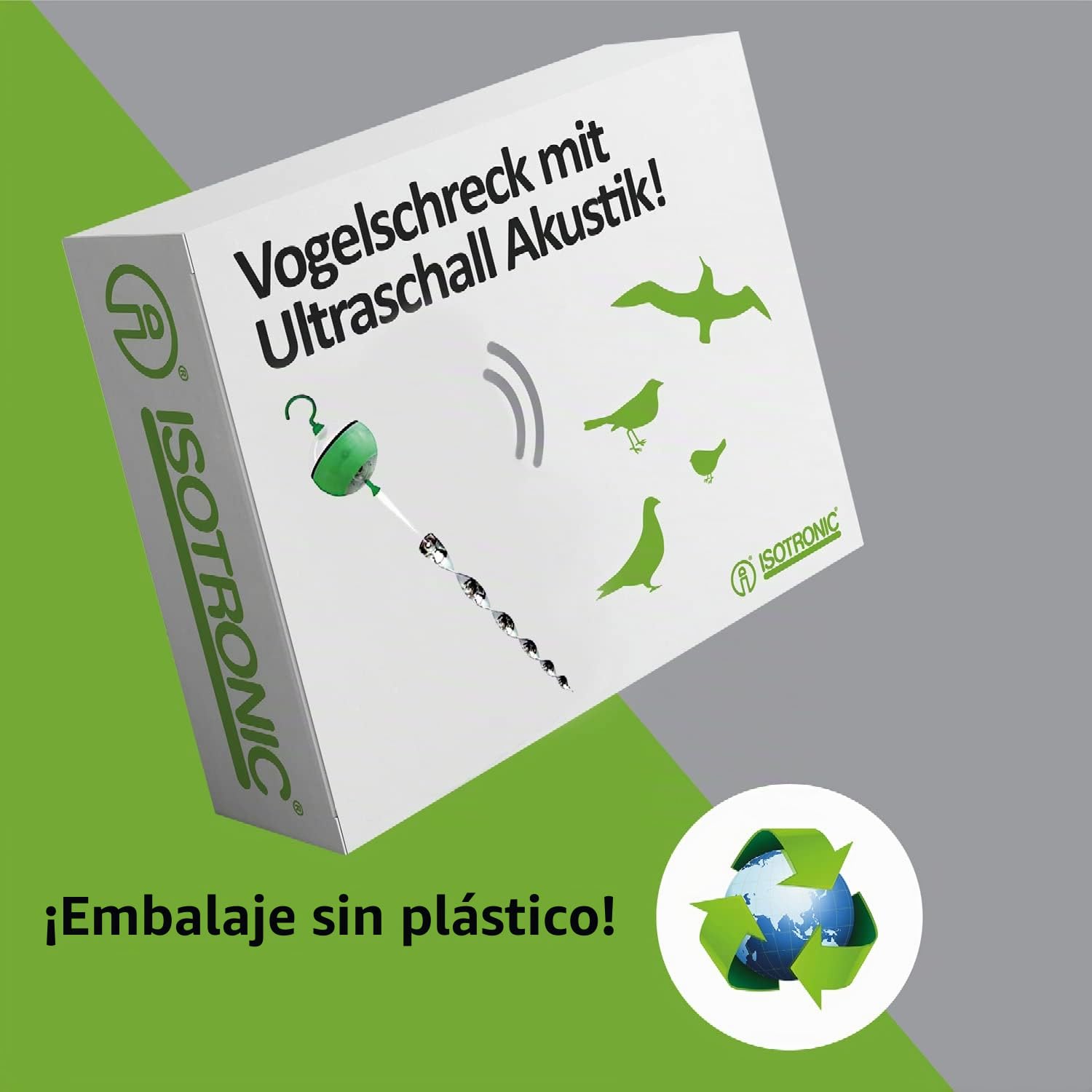 ISOTRONIC Repelente Solar para Aves con acción 4 en 1: Movimiento, ultrasonido, luz Azul y reflectores Plateados. Ahuyentador de Aves y Palomas para balcón y jardín (4 Unidades).