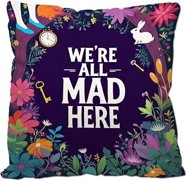 Cotton Linen Pillow Covers Were All Mad Here Funny Art Decor Throw Pillow Covers Cases for Couch Sofa Bed Home Decor 18 x 18 Inches